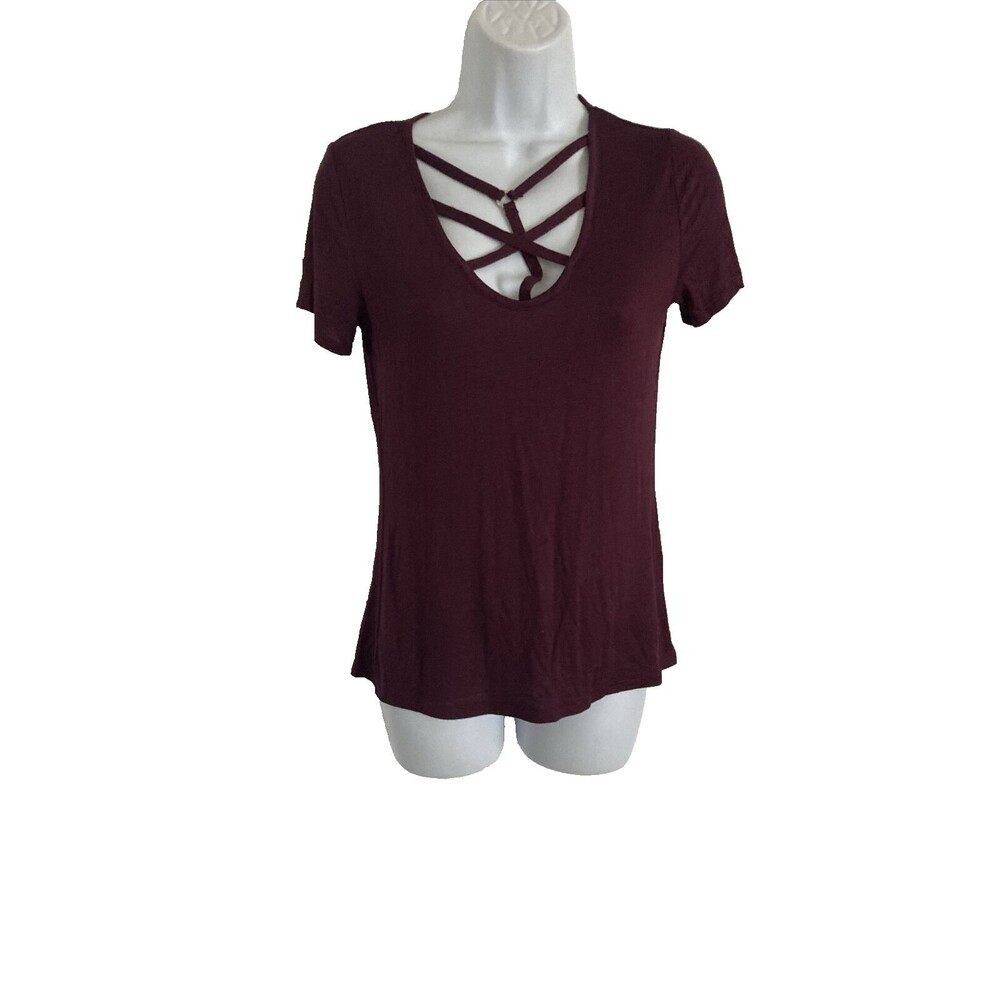 West Coast Love Womens Top Size Small Plum Criss Cross Short Sleeve Tee T-Shirt